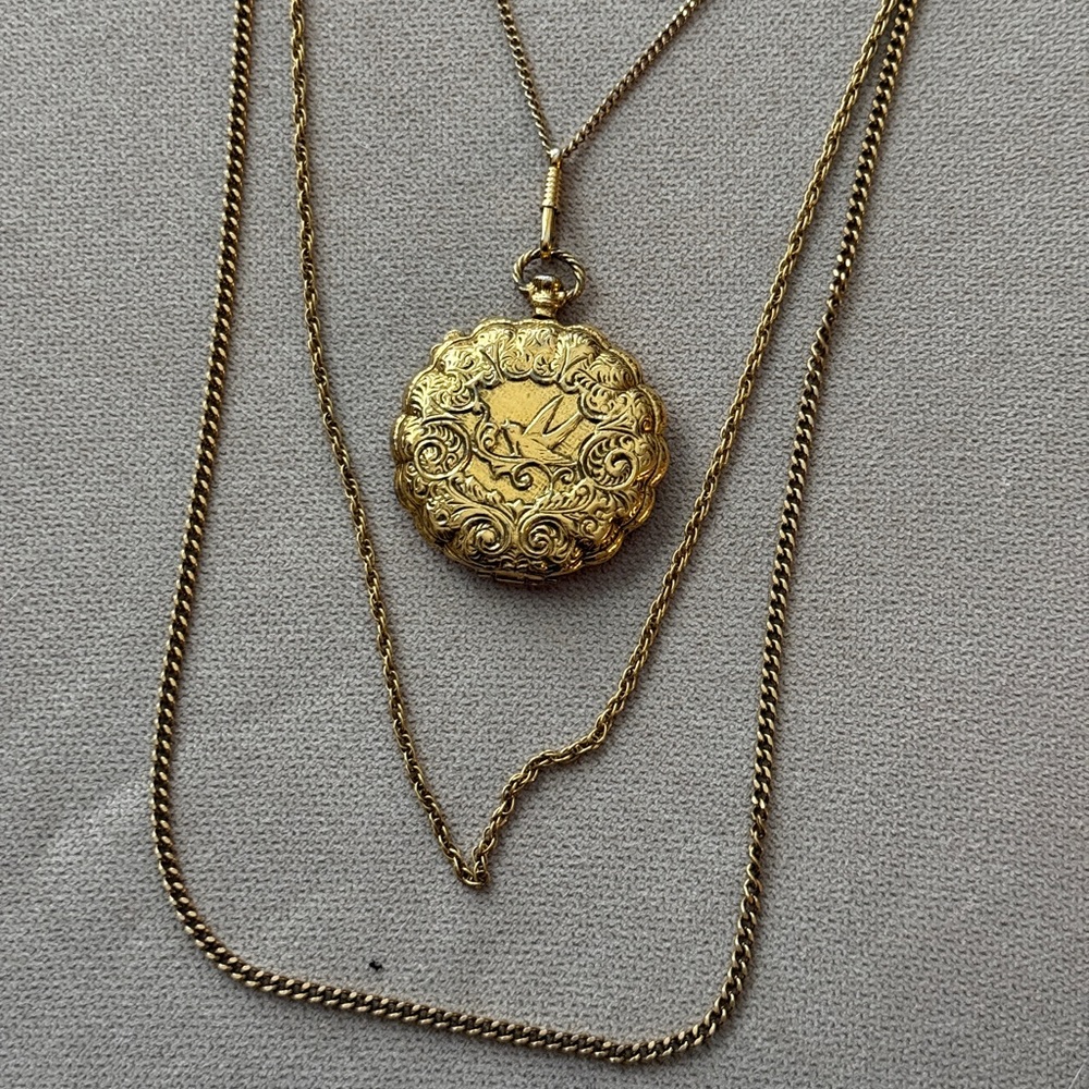 VTG 70s Goldette Statement Pendant Layered Necklace Pocket Watch Style Locket